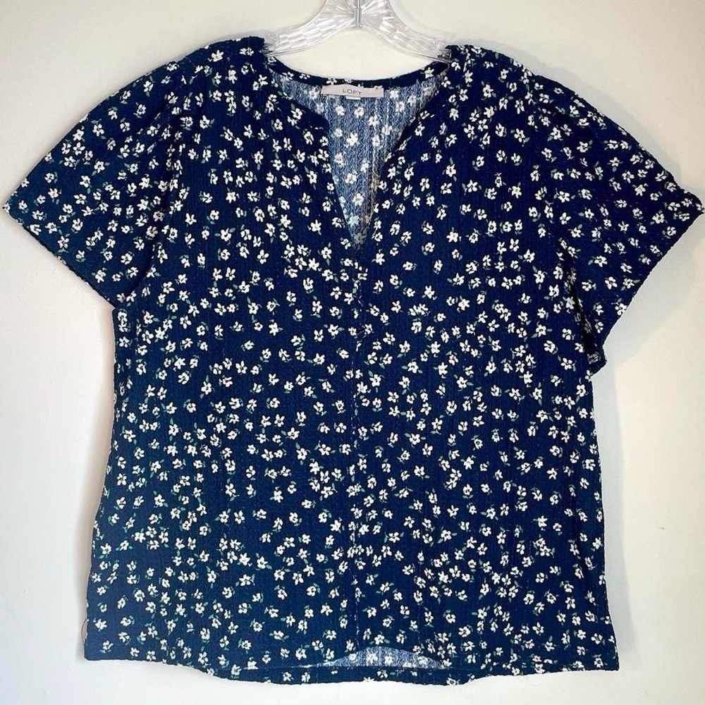 🌼 LOFT Navy Floral Button Front Blouse | Size XL